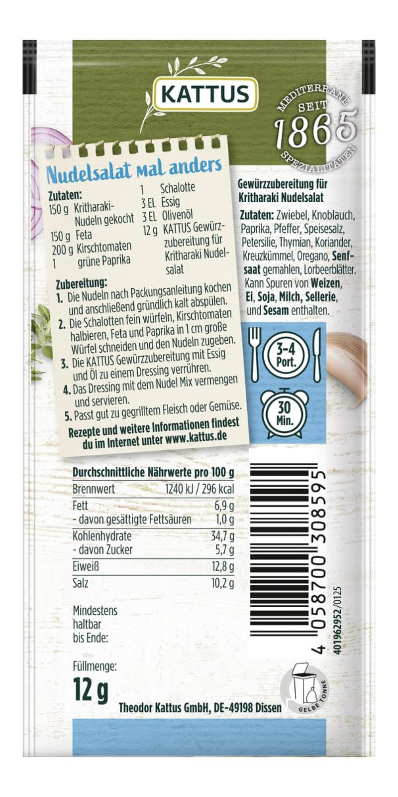 - Kritharaki-Nudelsalat Gewürzzubereitung | Gewürz für 3-4 Portionen | Ohne Zusatz von Fefeextrakt, Aroma und Zusatzstoffen | 12 g im Beutel