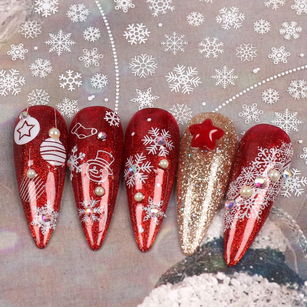 JMEOWIO Nagelsticker Weihnachten 8 Blatt Nagelaufkleber Selbstklebend Weiße Schneeflocken Winter Nail Art Sticker Dekoration Nageldesign Zubehör