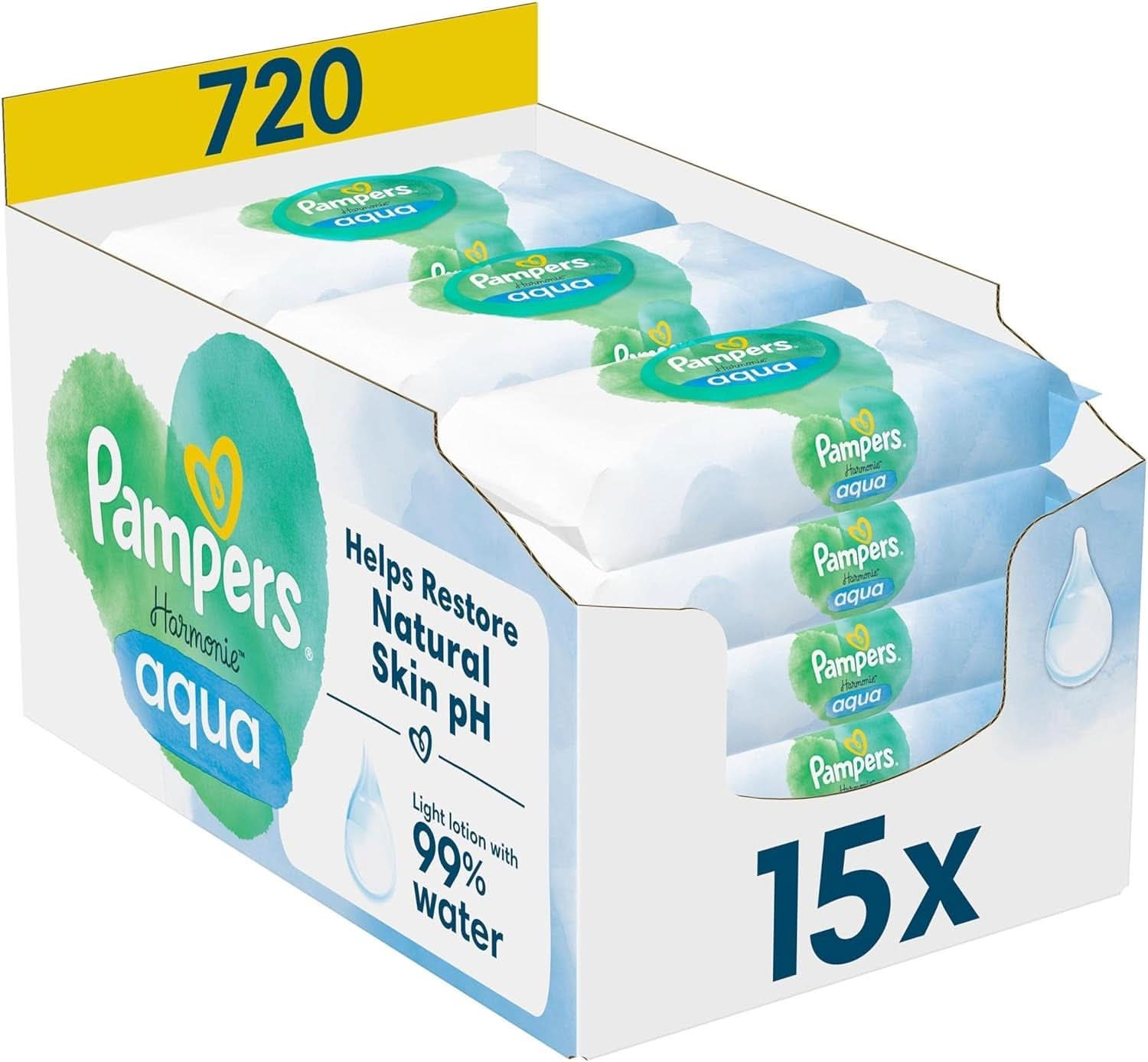 Pampers Harmonie Aqua Feuchttücher, Feuchttücher, die dabei helfen, den natürlichen pH-Wert der Haut wiederherzustellen, leichte Lotion mit 99 % Wasser Baby Wet Wipes Naty Shop 720 Tücher