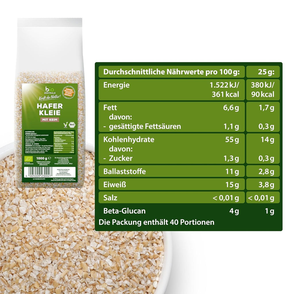 Biozentrale Bio Haferkleie 1Kg | Vorteilspack | Ballaststoffreiche Proteinquelle | Von Natur Aus Vegan | Aus EU Landwirtschaft | Zuckerarm Cereale Naty Shop