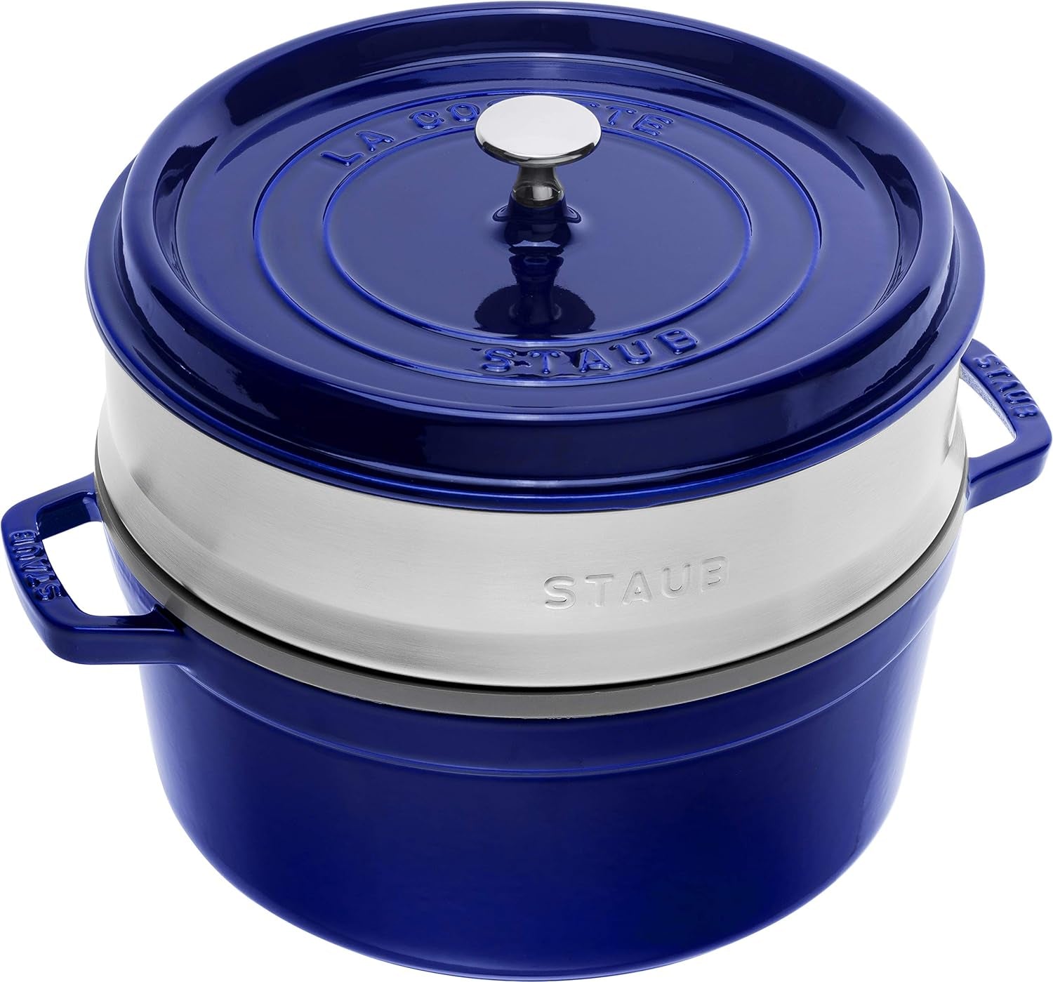 STAUB Gusseisen Bräter/Cocotte, Mit Dämpfeinsatz Aus Edelstahl, Rund 26 Cm, 5,2 L, Aromaregen Funktion Für Optimale Befeuchtung, Für Alle Herdarten Inkl. Induktion & Backofen, Kirschrot, Rot Formen und Backbleche Naty Shop Dunkelblau