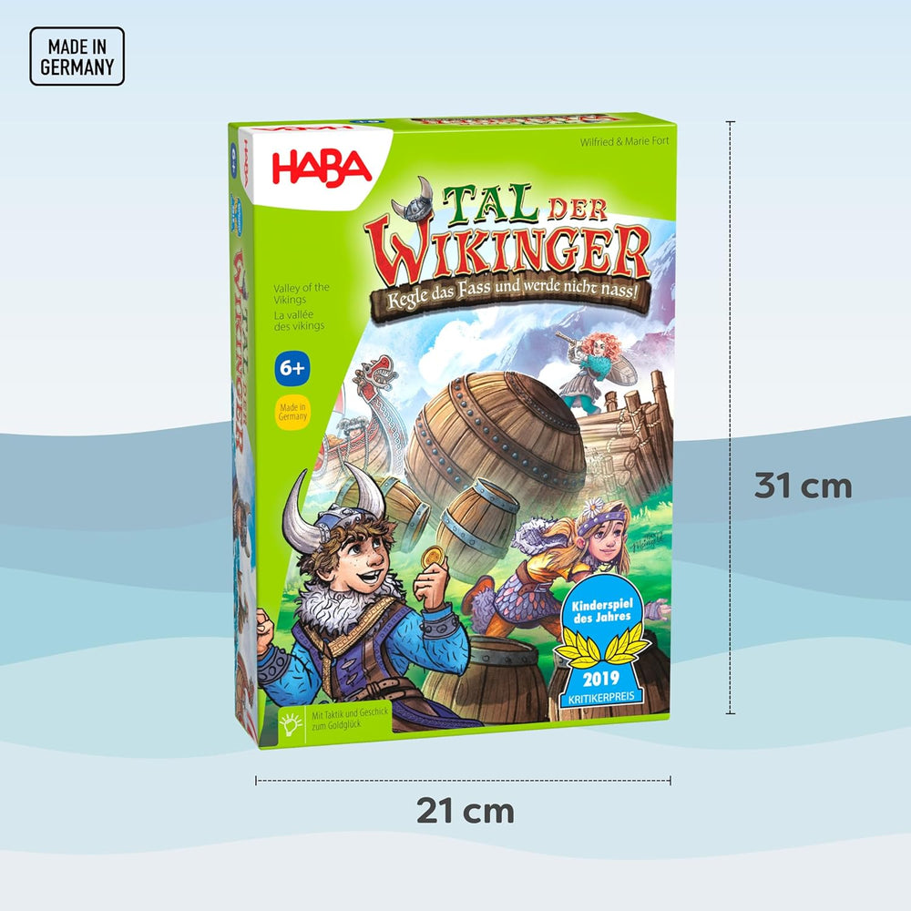 HABA Tal der Wikinger – Schnelles Geschicklichkeitsbrettspiel ab 6 Jahren für 2–4 Spieler – XXL-Spielbrett und 3D-Wikingerschiffe – Fördert Taktik und Mut – 1304697001