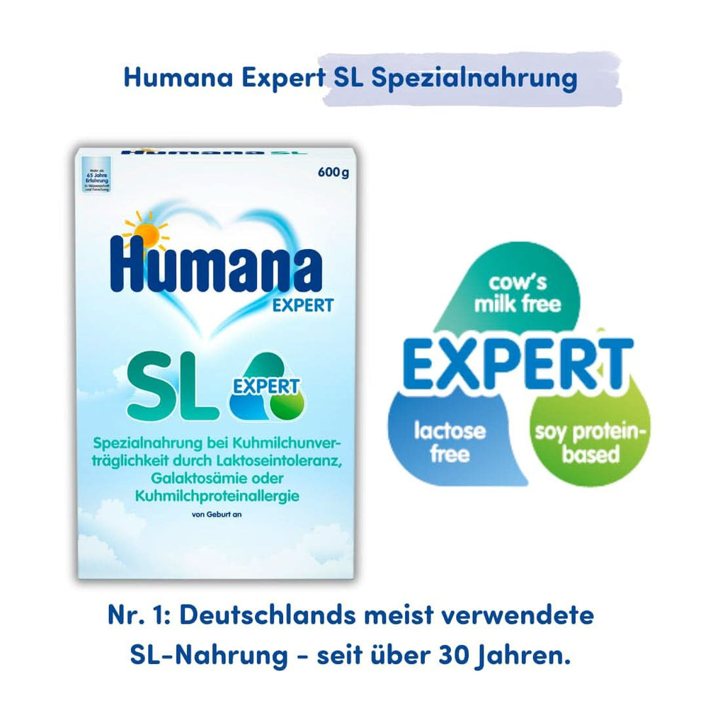 Humana SL Expert, ab der Geburt, Spezialnahrung bei Kuhmilchunverträglichkeit aufgrund von Laktoseintoleranz, Galaktosämie oder Kuhmilcheiweißallergie, für Säuglinge und Kleinkinder, 600 g Mutter und Kind Naty Shop