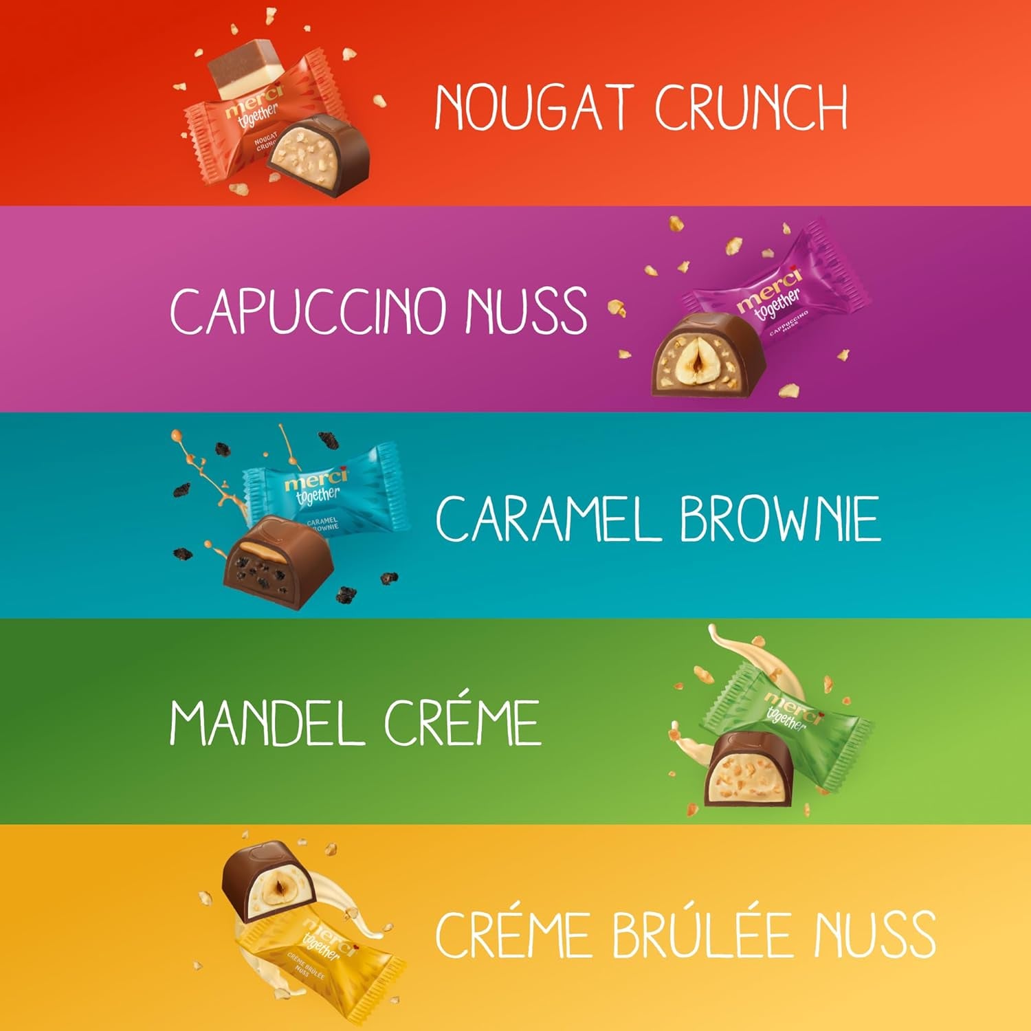 Merci Together – 1 x 175g – Gefüllte Pralinen in fünf Sorten mit feiner Vollmilchschokolade – Schokoladenpralinen zum Teilen und Verschenken