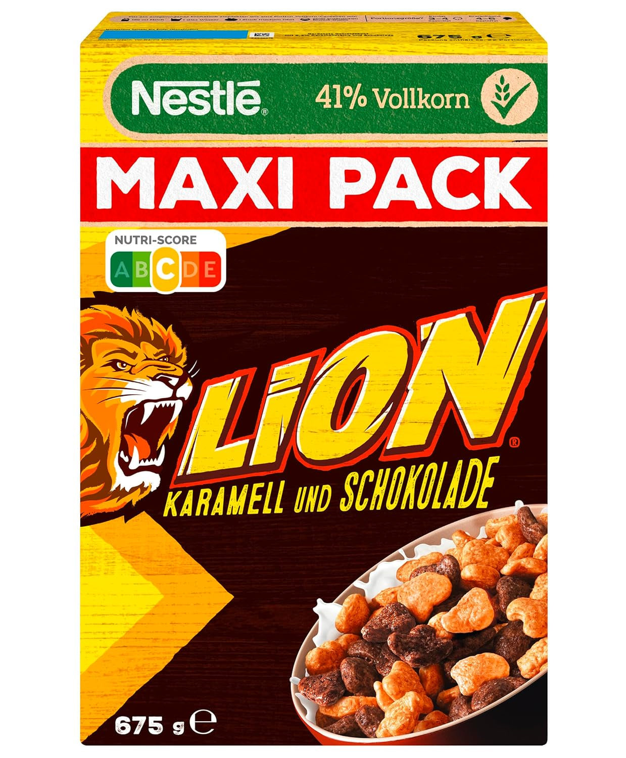 Nestlé Lion Cereal, Cornflakes mit Schokoladen-Karamell-Geschmack, 41 % lebenswichtige Vollkornprodukte, Vitamine und Mineralien, knusprige Flocken, Maxi-Vorteilspackung, 4er-Pack (4 x 675 g)