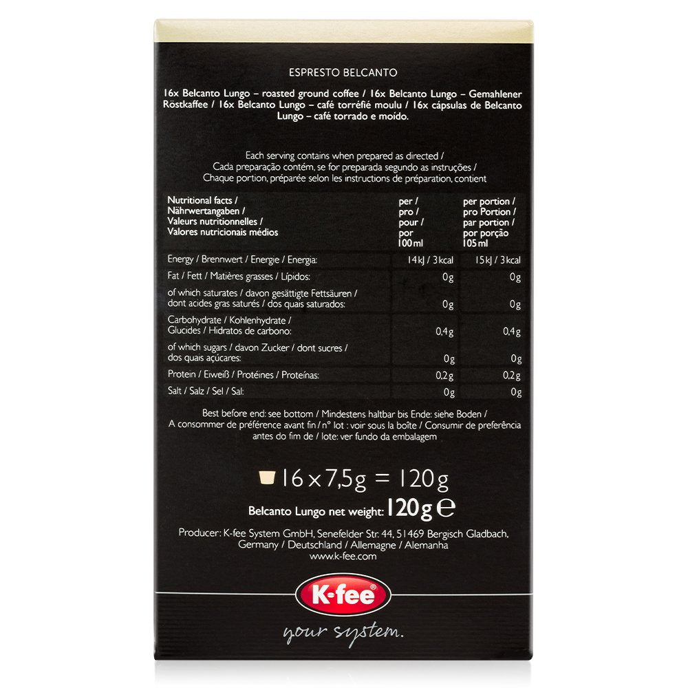 Kaffeekapseln Belcanto – Lungo Intensität 4/12, kompatibel mit K-fee, RFA zertifiziert, 96 Kapseln (Packung mit 2)