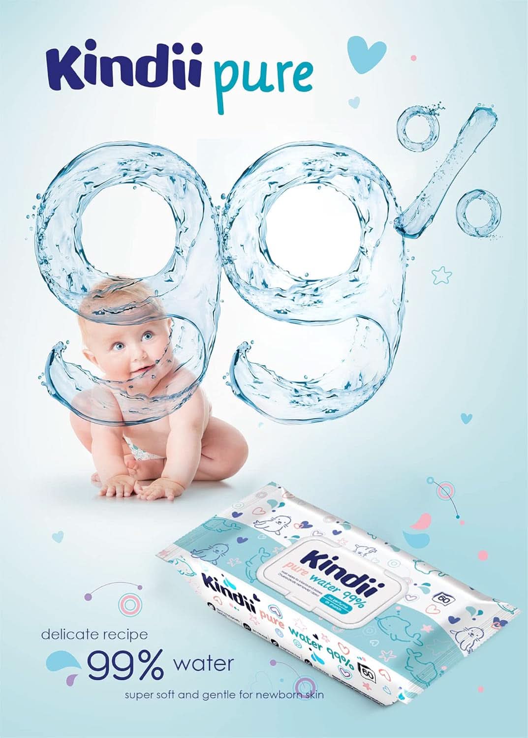 Kindii Feuchttücher Für Babys Und Kinder Pure Water 99% - 99%Ige Zusammensetzung Auf Wasserbasis - Allantoin - Unparfümiert - Dermatologisch Getestet - Für Empfindliche Haut - 720 Stück - 12X60 Stück Naty Shop