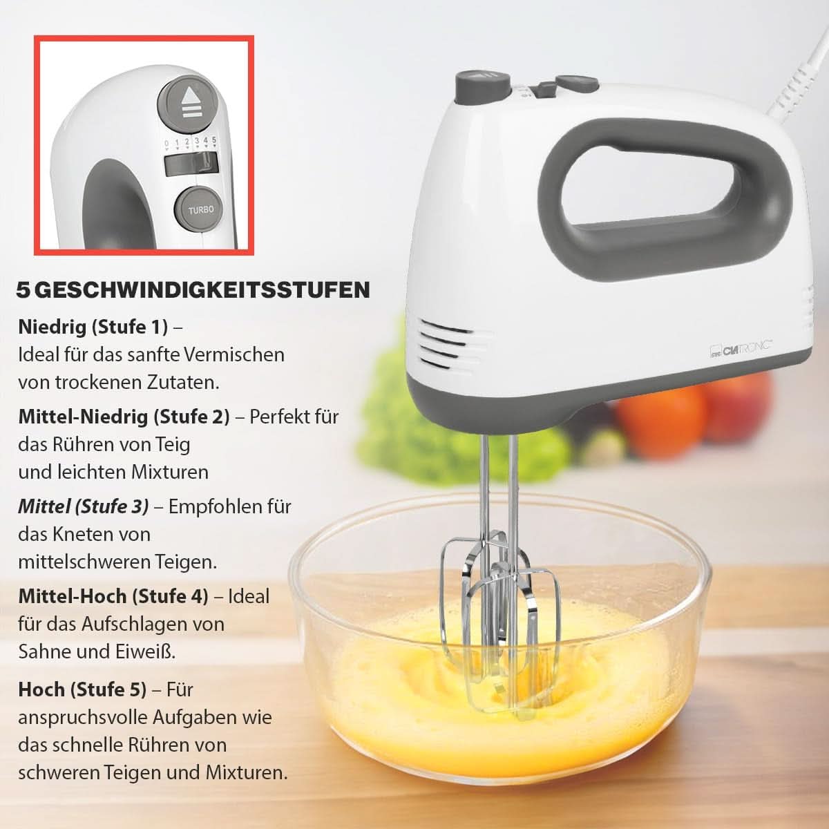 Clatronic Mixer | Kraftvoller 400 Watt-Motor | Handmixer | Turbostufe & 5 Geschwindigkeitsstufen | Handmixer | Spülmaschinengeeignete Edelstahlquirle und -Knethaken | HM 3775 Küche Naty Shop
