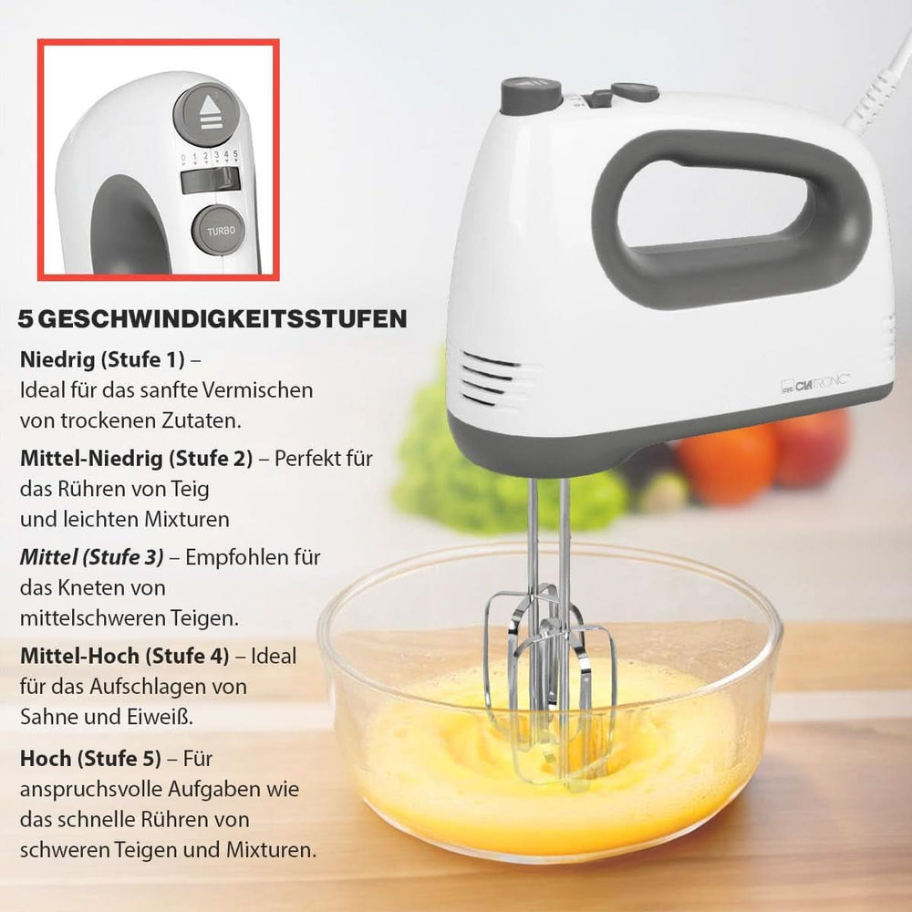 Clatronic Mixer | Kraftvoller 400 Watt-Motor | Handmixer | Turbostufe & 5 Geschwindigkeitsstufen | Handmixer | Spülmaschinengeeignete Edelstahlquirle und -Knethaken | HM 3775 Küche Naty Shop