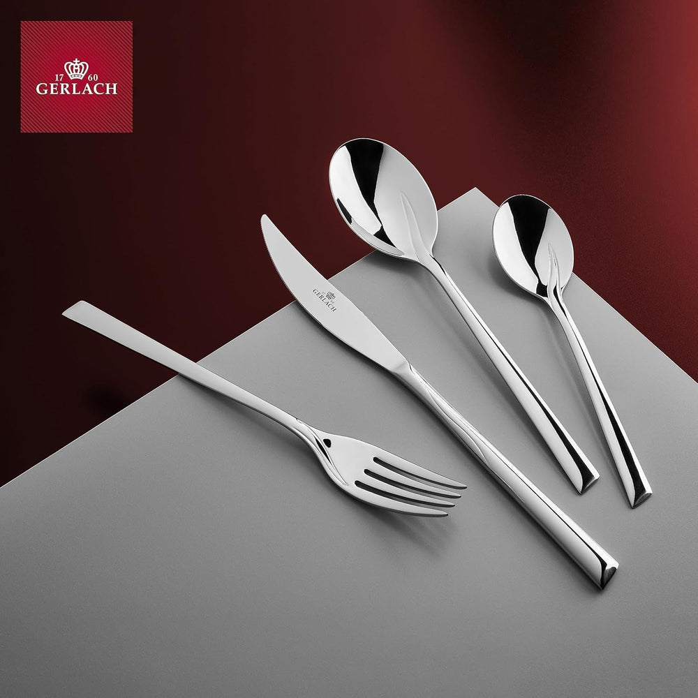 Gerlach Flames Besteck-Set 12 Personen Spülmaschinenfest Essbesteck Edelstahl Elegantes Tafelbesteck Messer Gabel Löffel Teelöffel Kuchengabel Soßenlöffel Kuchenspachtel Glänzend Rostfrei 68 Stk Bucatarie Naty Shop