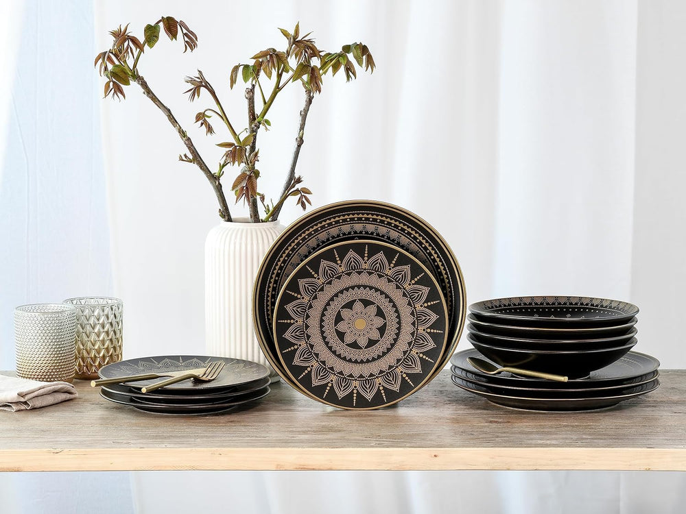 CreaTable, 23588, seria MANDALA GOLD - Negru, set de veselă cu 12 piese, set de farfurii din gresie, potrivit pentru mașina de spălat vase și cuptorul cu microunde, producție de calitate