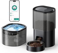 3L Automatischer Katzenfutterspender 2.5L Katzenbrunnen-Set, geräuscharmes App-steuerbares Fernfütterungsgerät mit 10 Mahlzeiten pro Tag, Anti-Verstopfungs-Design, ideal für Katzen & Welpen