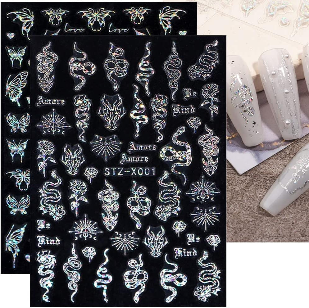 6 Blatt Schmetterling Nagelsticker Selbstklebend Laser Silber Schmetterlings Nagelaufkleber 3D Aurora Silber Schwarz Schmetterlinge Nagel Stickers Frühling Nageldesign Nail Sticker Nail Art Zubehör