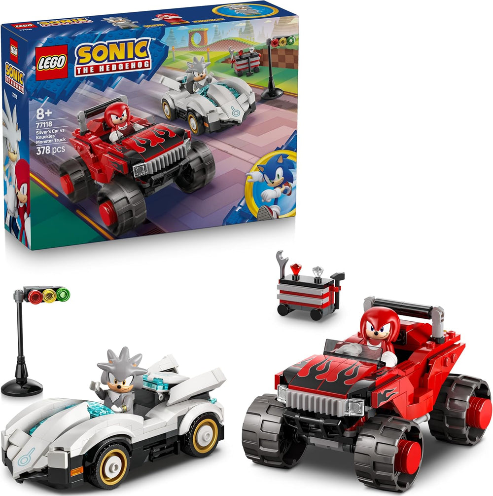 LEGO Sonic the Hedgehog Silvers Auto Vs. Knuckles' Monstertruck – Kinderspielzeug mit 2 Flitzern und 2 Minifiguren – Geschenk für Jungen und Mädchen ab 8 Jahren – Sonic Fanartikel für Gamer – 77118