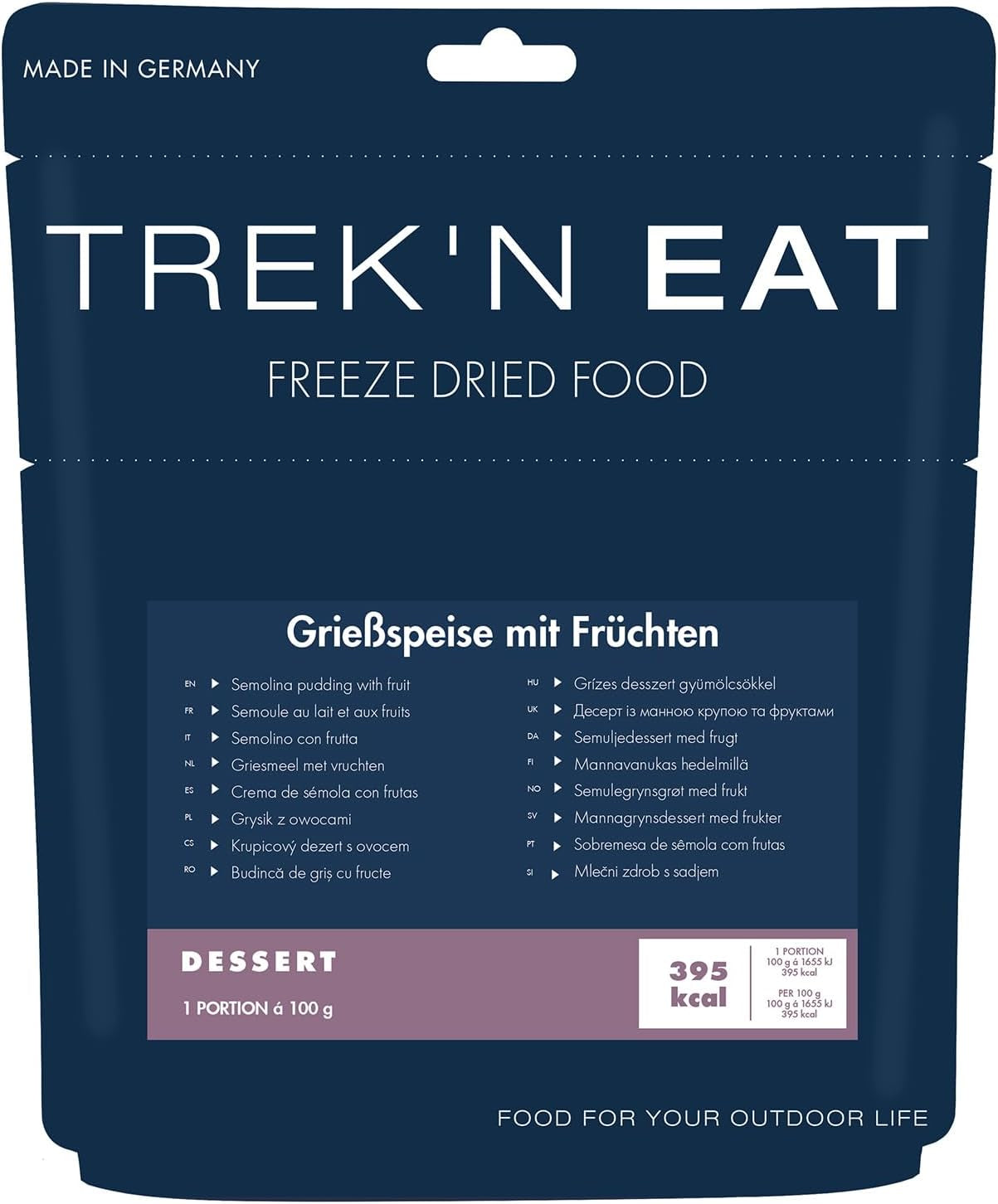 Trek'n Eat Fruity Semolina Pudding – Cremiges, fruchtiges Grießdessert für Outdoor-Aktivitäten, Wandern und Notfallbedarf | Fertiger Grießpudding mit Wasser, lange haltbar, ohne Zusatzstoffe