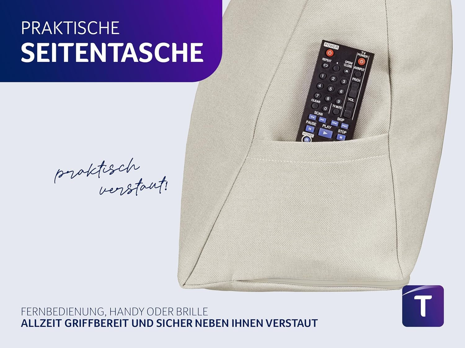 Pernă confortabilă Traumnacht Cozy Back, pernă de citit, 70 x 40 cm bej, husă detașabilă și lavabilă din 100% poliester, buzunar lateral practic, certificată Oeko-Tex, produsă conform standardelor germane de calitate