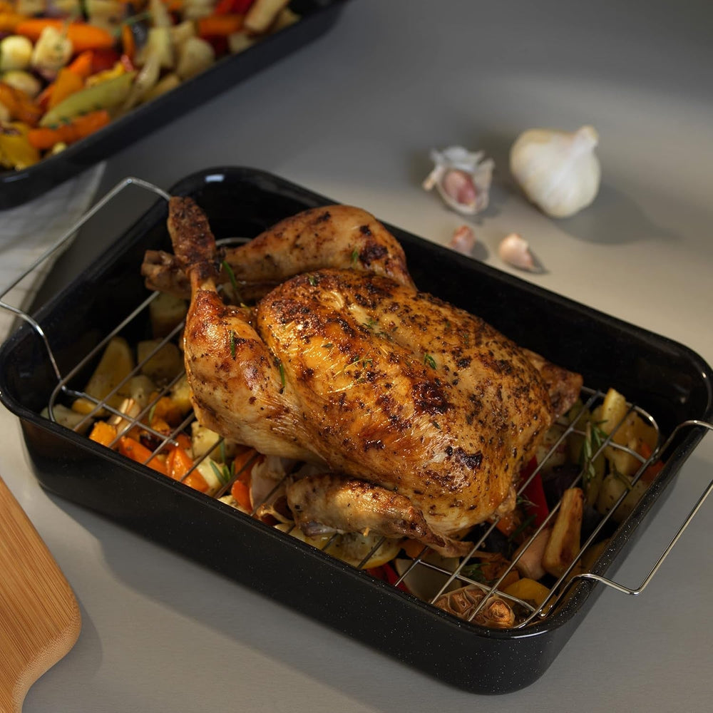 Russell Hobbs CW9161 Romano 34Cm Emaille Bräter - Mit Gitter, Rechteckige Auflaufform Mit Rost, Spülmaschinenfest Ofenform, Grill Auflaufform, Bratform Für Backofen Ofenbeständig Bis 230 Grad Formen und Tabletts zum Backen Naty Shop