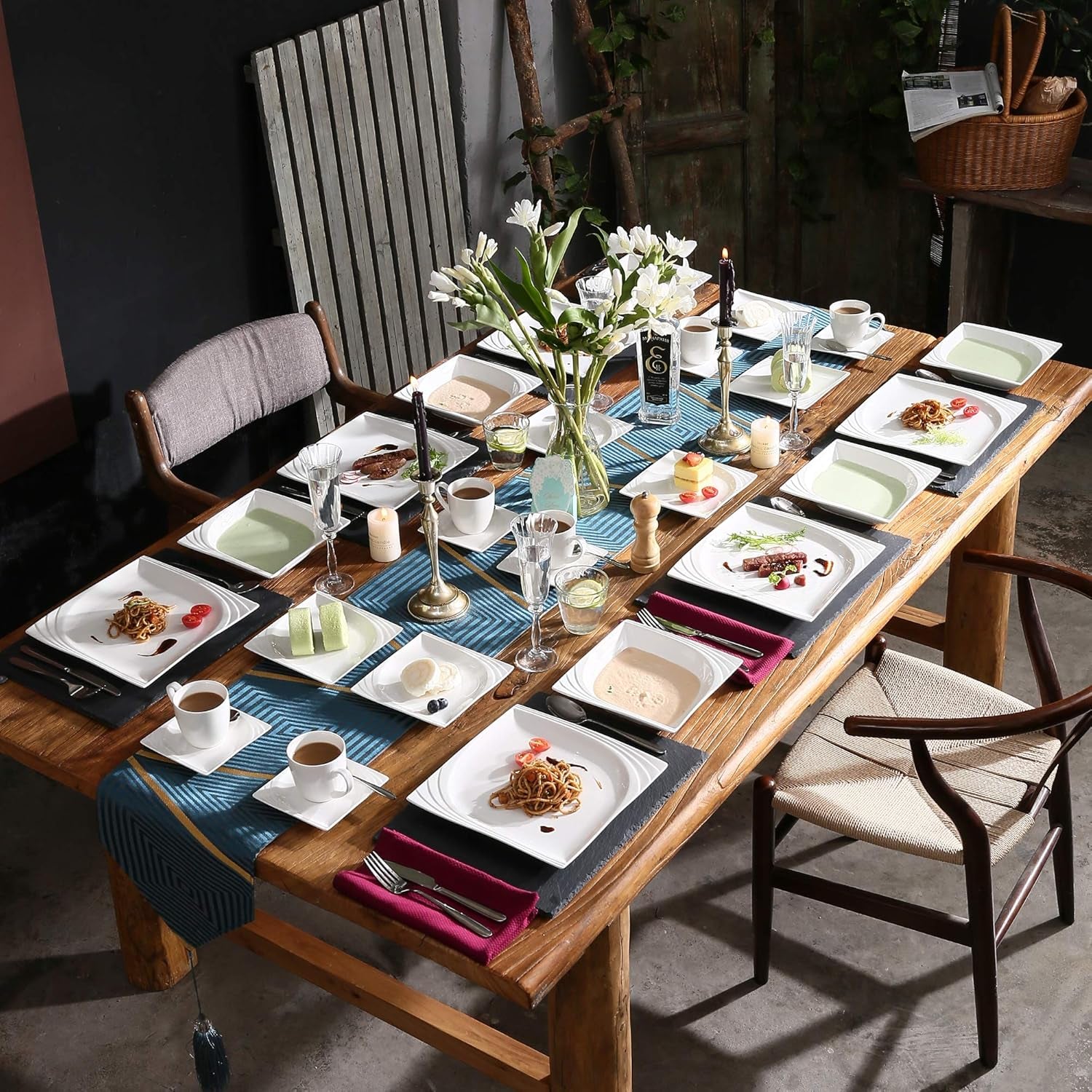 MALACASA, Seria Monica, Set de veselă pentru 12 persoane, Porțelan alb-crem, Serviciu combinat cu 12 cești de cafea, 12 farfurioare, 12 farfurii de desert, 12 farfurii de sumă și 12 farfurii de cină