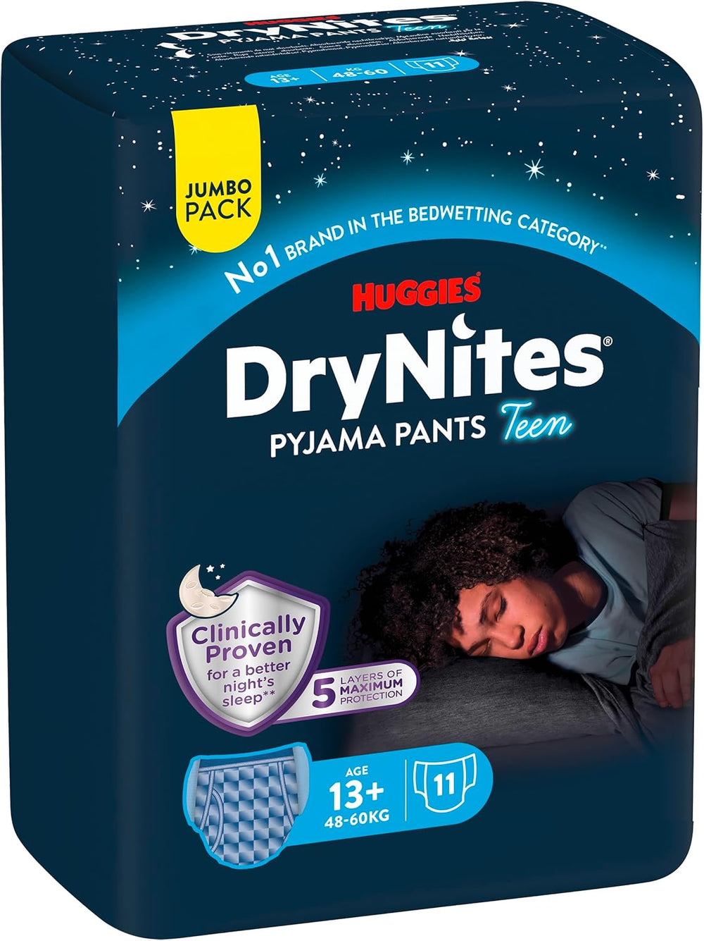 Huggies DryNites Nachtbettnässer-Windeln, Jungen 13–ca. 17 Jahre (48–60 kg), 33 Stück (3 x 11), Jumbo-Monatspackung, XL-Slips
