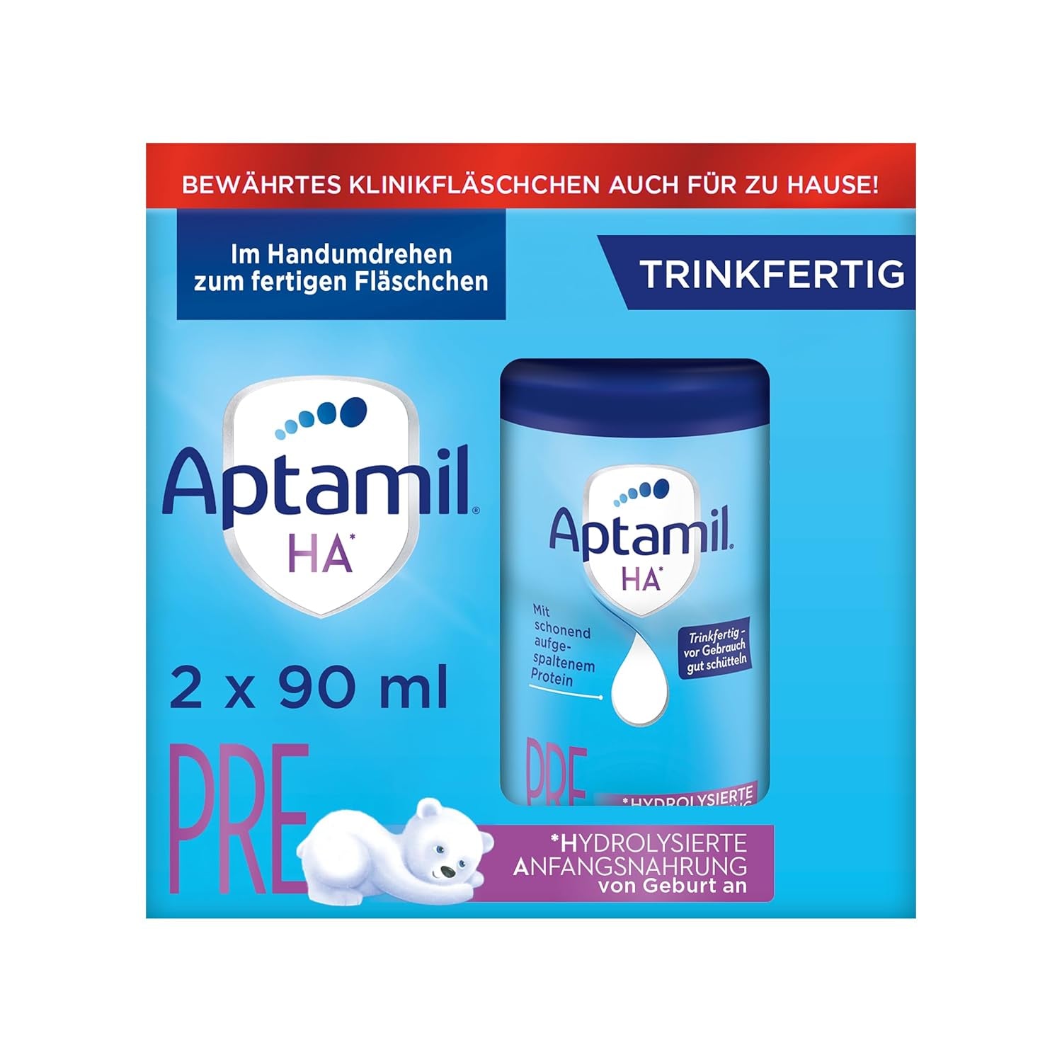 Aptamil HA Pre Ready to Drink – Hydrolysierte Milch für Säuglinge ab der Geburt – 4 x 2 x 90 ml