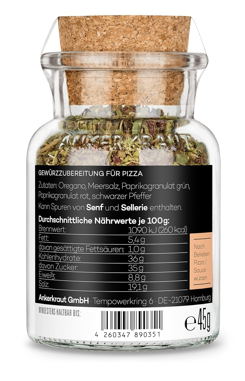 Ankerkraut-Pizza, für original italienischen Geschmack, wie aus dem Steinofen, auch für Pasta, Tomaten-Mozzarella und viele andere Gerichte, 45 g im Korkglas