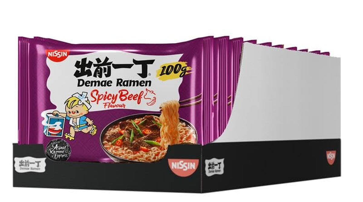 Nissin Demae Ramen – Scharfes Rindfleisch, 10er-Pack Instant-Nudeln nach japanischer Art mit Rindfleischgeschmack und asiatischen Gewürzen, schnell und einfach asiatisches Essen zubereiten (10 x 100 g)