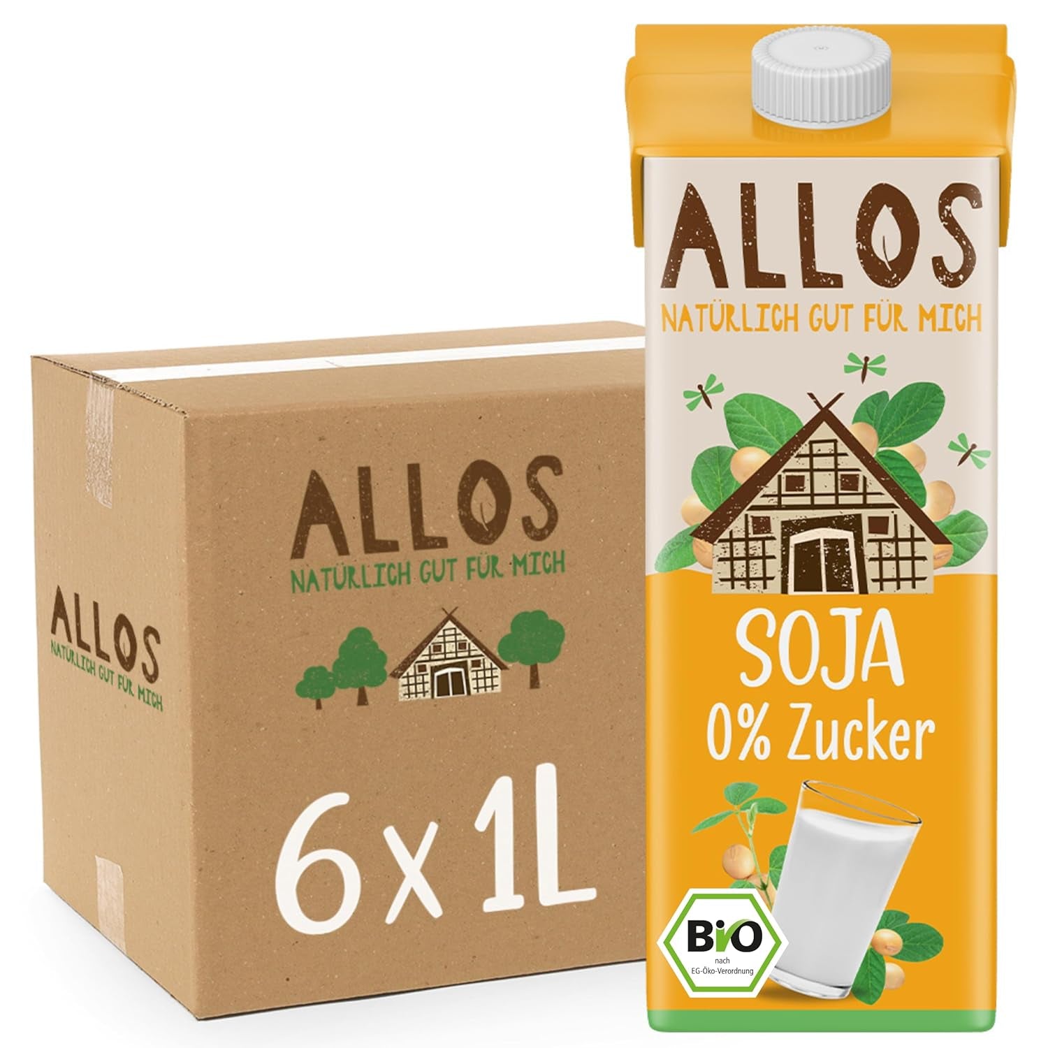 Allos Bio Sojadrink ohne Zucker | Milchalternative aus Soja | Sojagetränk | Getränk auf Pflanzenbasis | veganes Getränk | ohne zugesetzten Zucker | vegan | laktosefrei | 1 Liter (6 Stück)