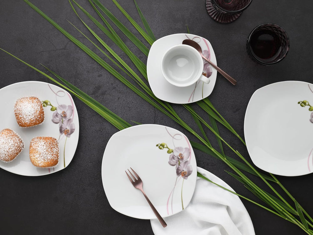 CreaTable, 24024, seria Square Orchid, set de veselă cu 18 piese pentru 6 persoane, serviciu de cafea din porțelan, potrivit pentru mașina de spălat vase și cuptorul cu microunde, producție de calitate