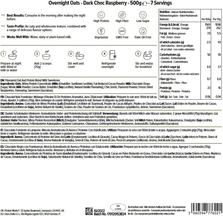 Overnight Oatmeal mit Protein | Dunkle Schokolade und Himbeere | Proteinreiches Frühstück | Zuckerarmer Snack | Haferflocken mit niedrigem GI | 500g