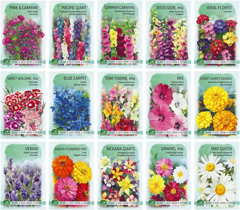 Nojus Blumensamen-Set – 15 Packungen Blumensamen – Gartenblumensamen – bunte Pflanzensamen – Wildblumensamen – 15 Sorten Blumensamen – ideales Blumensamen-Geschenk
