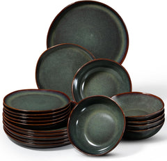 Set de veselă pentru 6 persoane, set de servire din gresie, format din 18 piese, boluri rotunde neregulate pentru cereale, farfurii de desert, farfurii de cină, rezistent la zgârieturi și potrivit pentru cuptorul cu microunde, verde mușchi reactiv