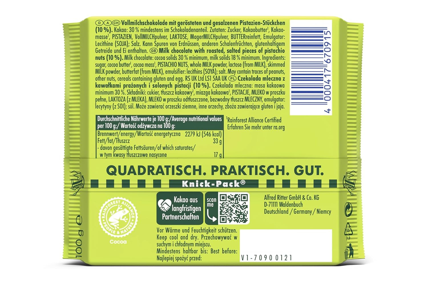 Ritter Sport Pistazie, Milchschokolade mit feinen Pistazienstückchen, ein Schokoladenklassiker, perfekt zum Naschen und Genießen, eine tolle Geschenkidee, 12 Tafeln x 100g