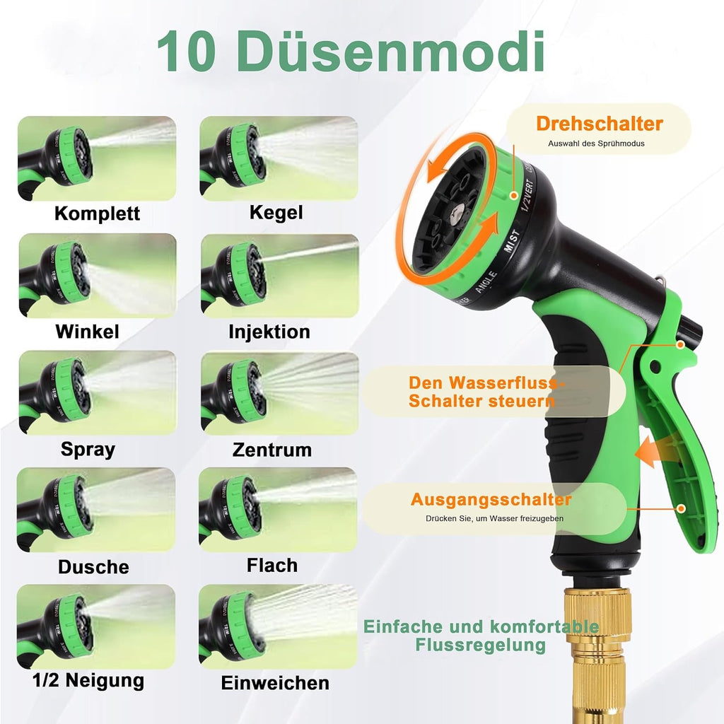 Furtun de grădină extensibil de 45 m, furtun de apă flexibil și retractabil automat, 10 modele de pulverizare, TPE 2500D, conectori metalici, pentru grădini foarte mari, agricultură, curățenie