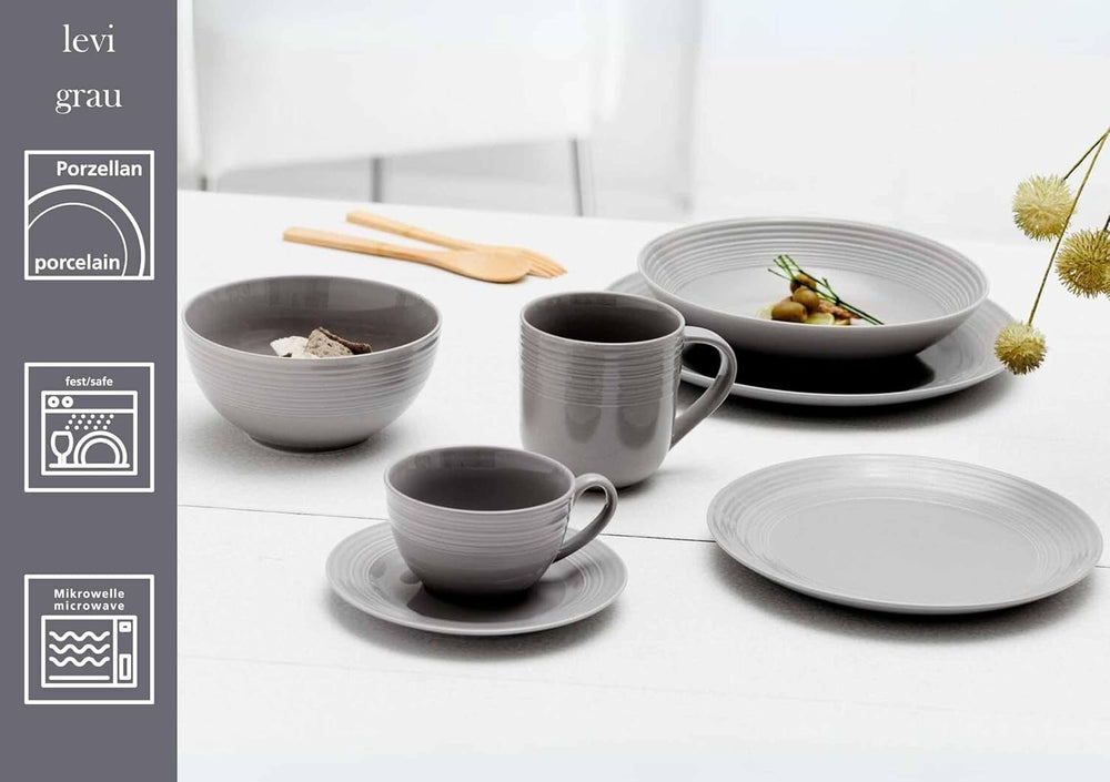 Set de veselă Ritzenhoff & Breker Levi, format din 16 piese, farfurii, boluri și căni pentru 4 persoane, design scandinav cu relief fin canelat, veselă mix & match, porțelan, alb-gri