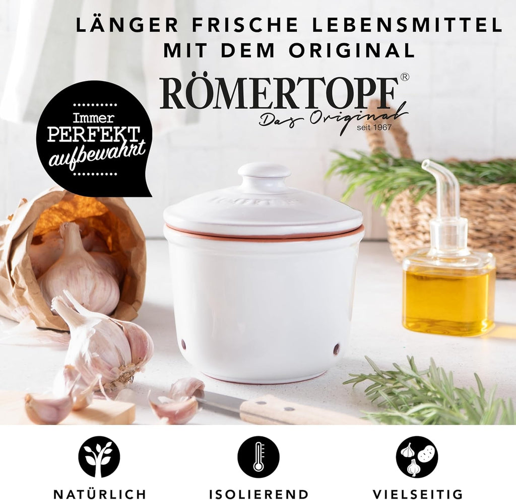 Römertopf Fresh Pot MINI 0,6 litri - Oală de usturoi ceramică - Argila respirabilă păstrează legumele proaspete pentru mai mult timp - Circulație ideală a aerului - Alb Cutii depozitare alimente Naty Shop