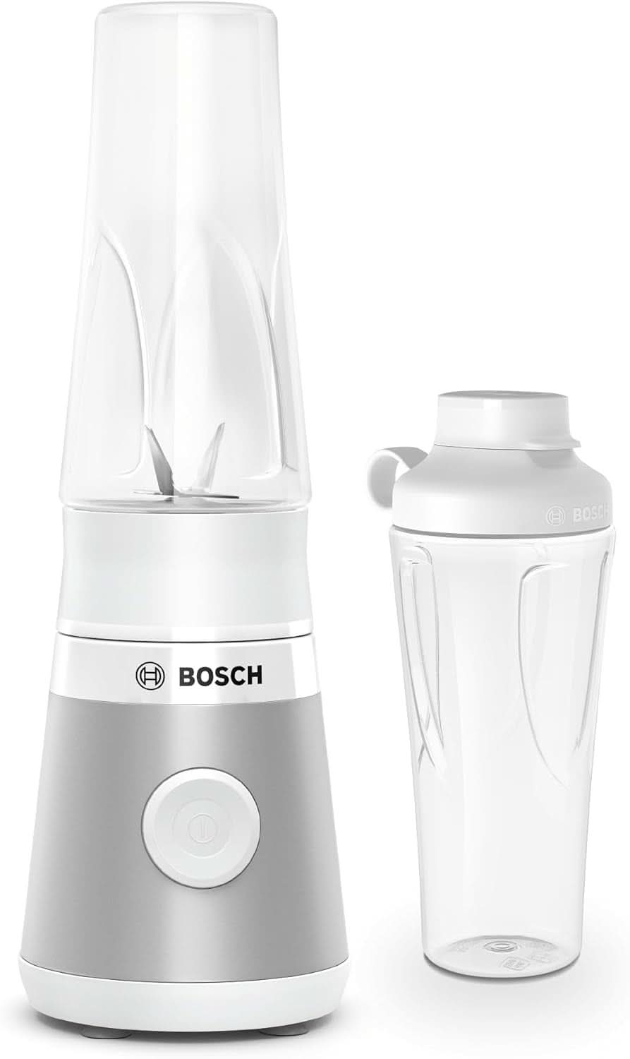 Bosch Mini-Standmixer Vitapower Serie 2 MMB2111S, Highspeed-Mixer, Bis Zu 40.000 U/min, Tritan Togo-Flasche 0,6 L, Trinkdeckel, Bruchsicher, Spülmasch.Geeignete Teile, 450W, Silber/Schwarz Kitchen Naty Shop Single Silber / Weiß