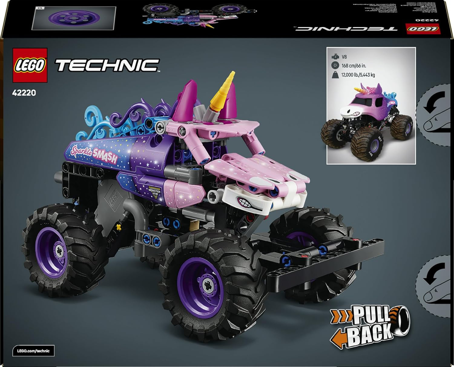 LEGO Technic Monster Jam Sparkle Smash mit Rückziehmotor - Technic Monstertruck & Einhorn Monster Truck Spielzeug - Kreatives Geschenk ab 7 Jahren für Kinder, Mädchen & Jungen - 42220