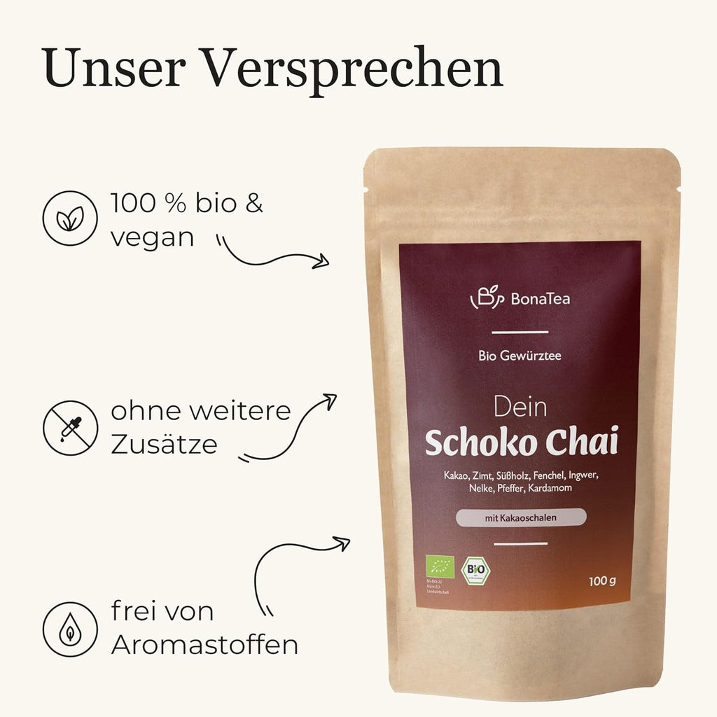 Ceai cu condimente BIO Schoko-Chai fără zahăr, cu coji de cacao, scorțișoară, lemn dulce și alte condimente aromatice Chai, 100 g