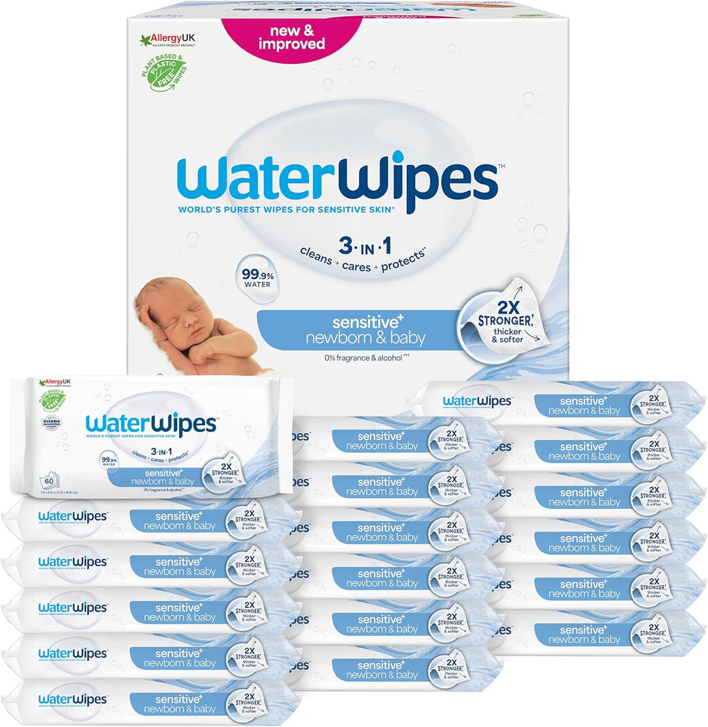WaterWipes Sensitive+ Feuchttücher für Neugeborene und Babys, 240 Stück (4er-Pack), 3-in-1-Reinigung, Pflege, Schutz, 99,9 % Wasser, parfümfrei