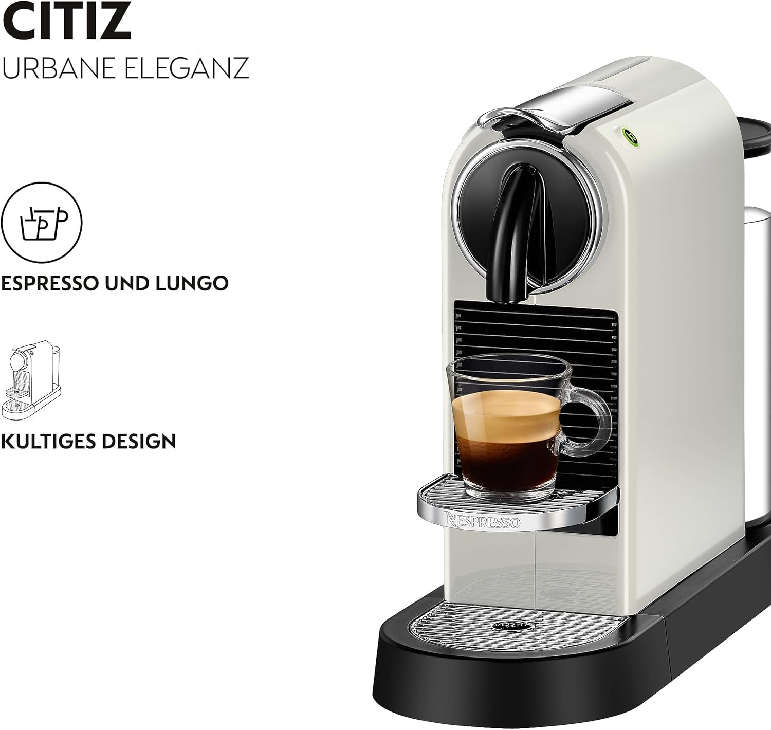 Espressor cu capsule Nespresso EN167.W Citiz, pompă de înaltă presiune și control ideal al temperaturii, fără Aeroccino (spumator de lapte), funcție de economisire a energiei, 1260 W, alb-crem, 37,4 x 11,9 x 25,5 cm