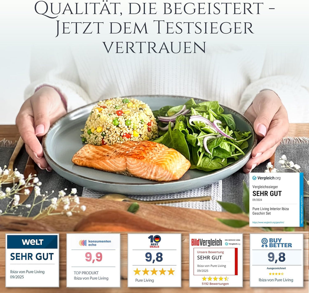 Steingut Geschirrset 6 Personen Rustic 24 tlg. TESTSIEGER, Hochwertiges Landhaussttil Steingut Geschirr Set, Schüssel- und Teller Set, Tafelservice 6 Personen, Geschirrsets Pure Living in Rauchblau