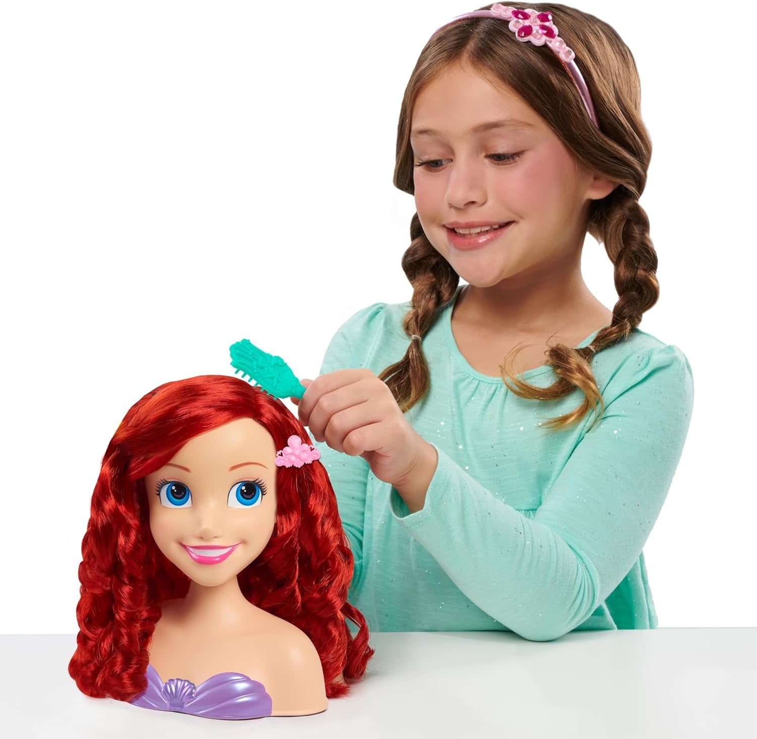 Cap de păr Ariel Just Play Disney Princess 20 cm cu accesorii, set de 7 piese, păr roșu, jucărie pentru copii de la 3 ani în sus