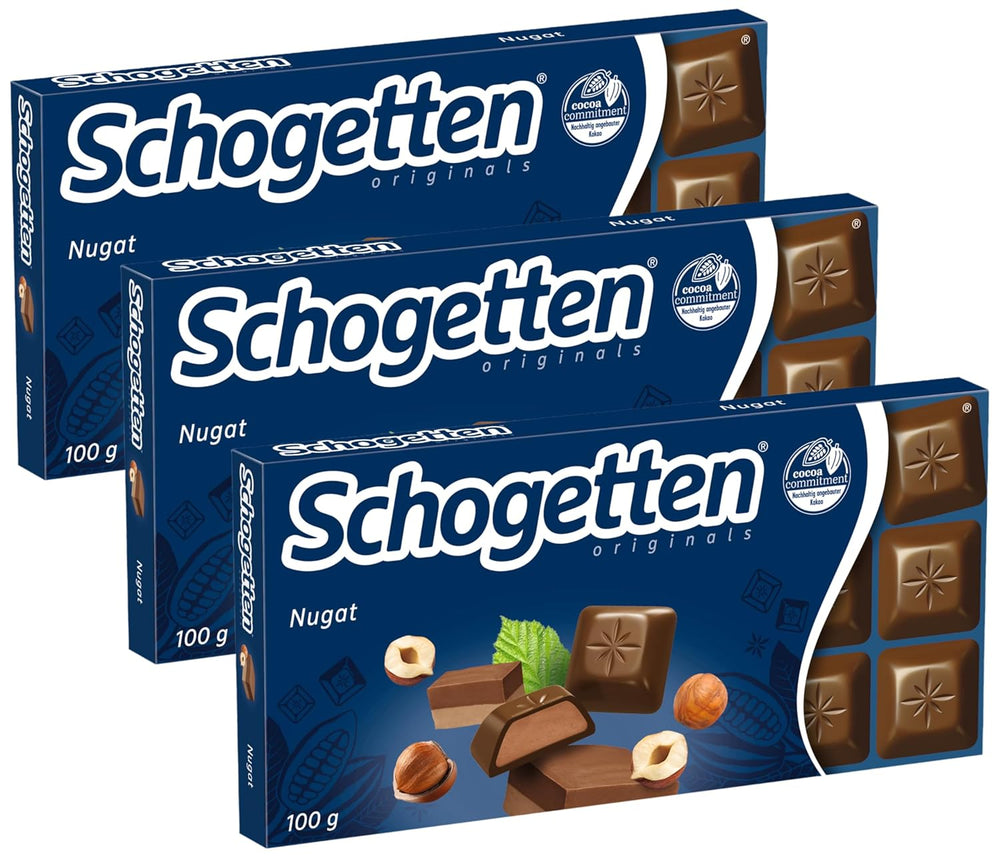 Schogetten Nougat Schokoriegel 100g, einzeln portioniert. Eine Freude. Stück für Stück.