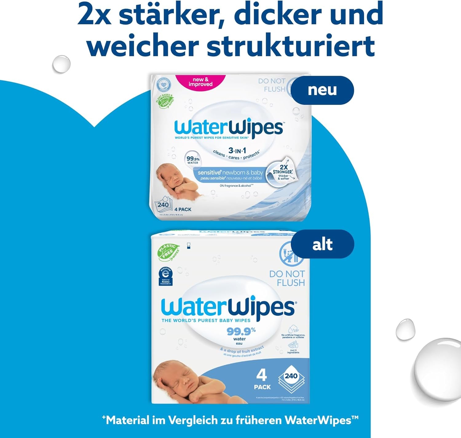 WaterWipes Sensitive+ Feuchttücher für Neugeborene und Babys, 240 Stück (4er-Pack), 3-in-1-Reinigung, Pflege, Schutz, 99,9 % Wasser, parfümfrei