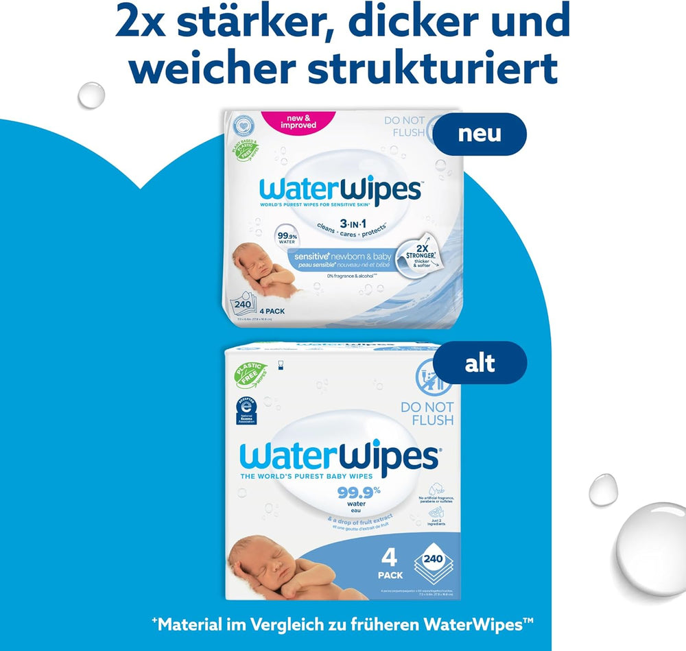 WaterWipes Sensitive+ Feuchttücher für Neugeborene und Babys, 240 Stück (4er-Pack), 3-in-1-Reinigung, Pflege, Schutz, 99,9 % Wasser, parfümfrei