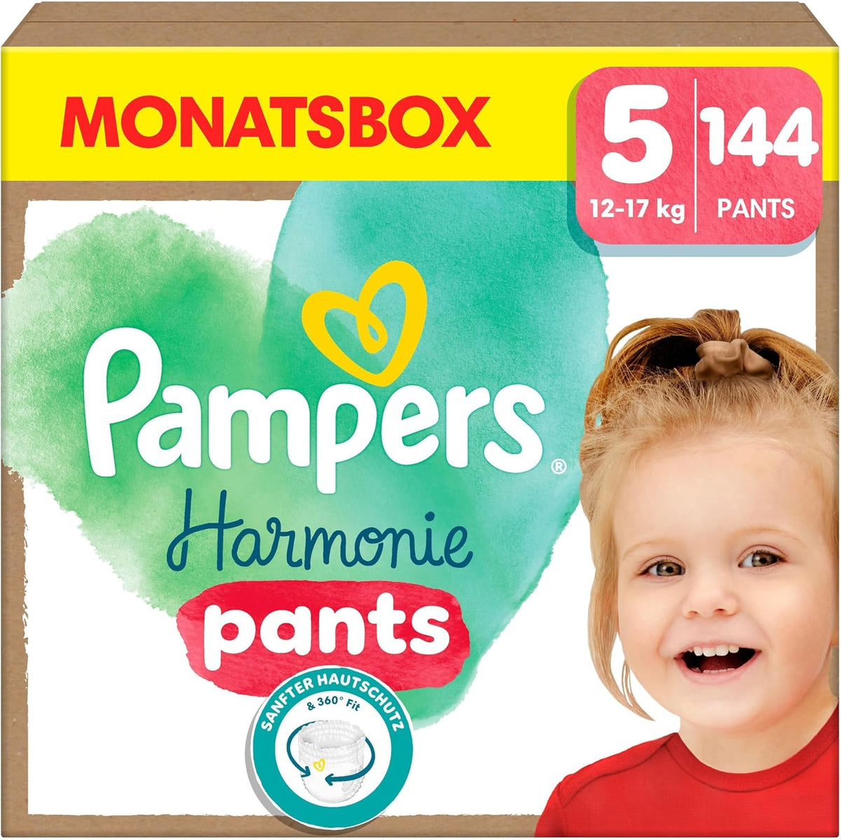 Pampers Harmony Pants Windeln der Größe 5, 144 Stück, 12 kg-17 kg, sanfter Hautschutz und 360°-Komfort