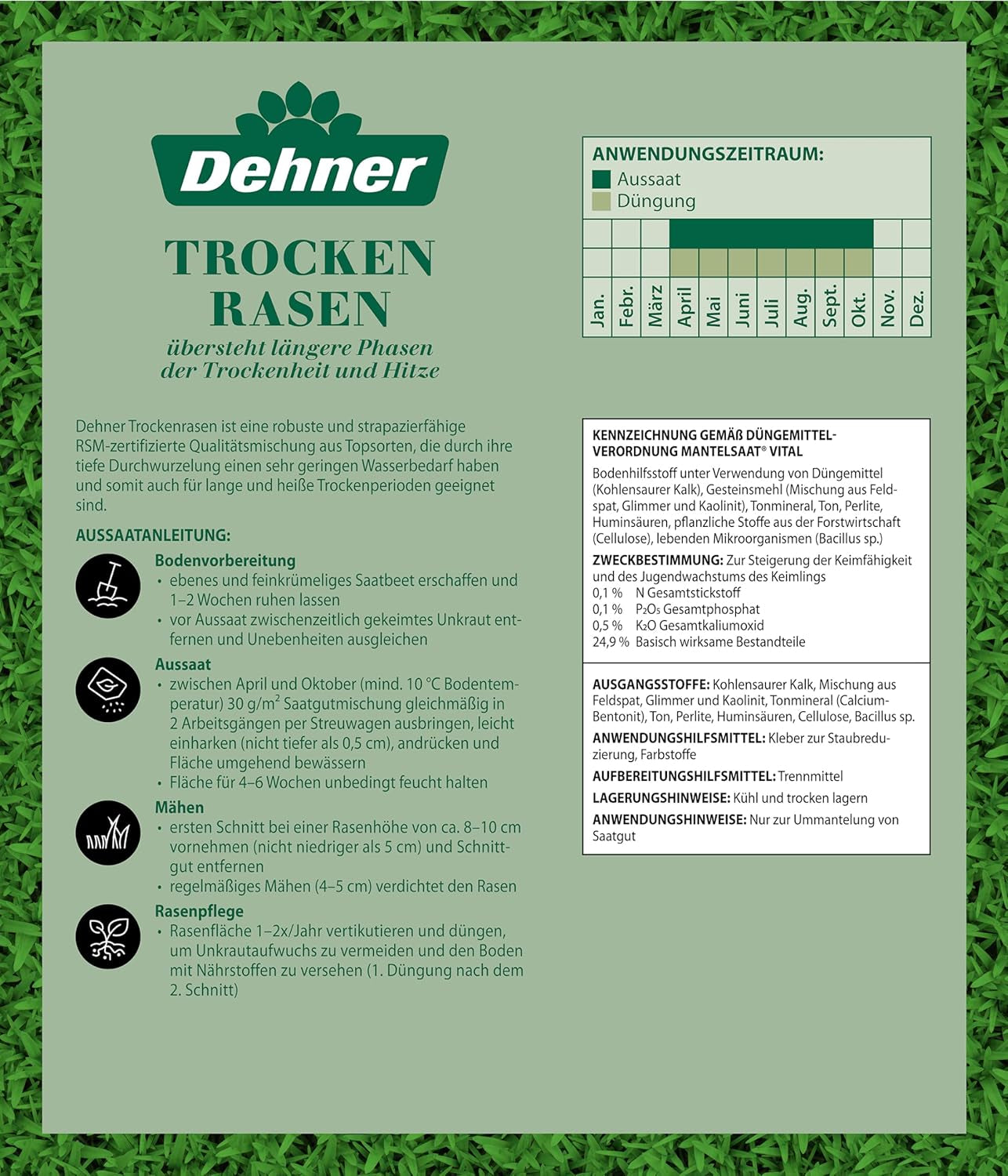 Dehner Saatgut Rasensamen, Trockenrasen, Hochwertige Saatgutmischung, Strapazierfähig/Selbstregenerierend, 750 G, Für Ca. 25 M², Natur