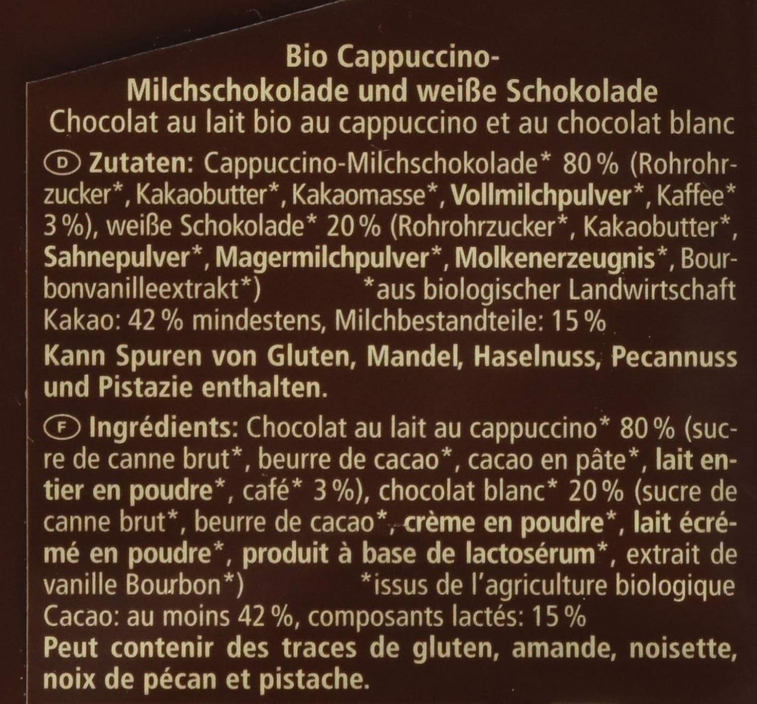 Bio-Schokolade gefüllt mit Cappuccino, 100g