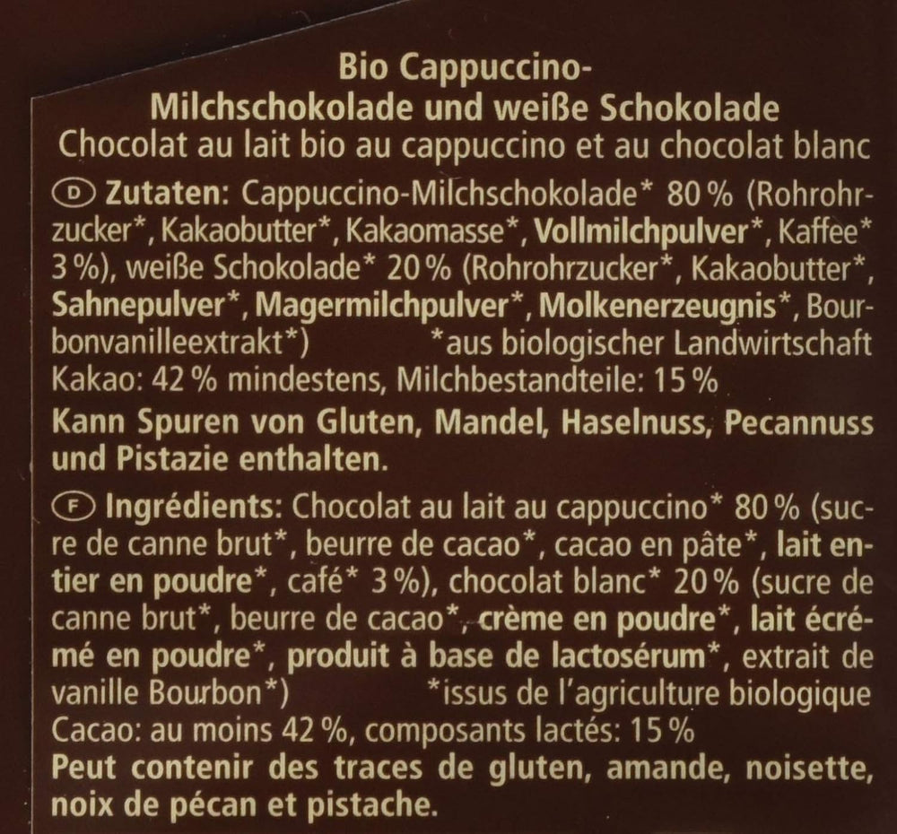 Bio-Schokolade gefüllt mit Cappuccino, 100g