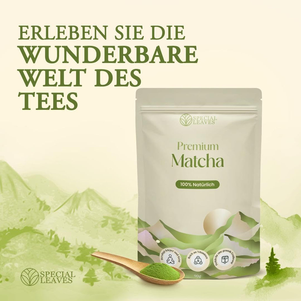 Pudră Matcha - 90 g - 100% naturală și măcinată fin - Pentru ceai și Matcha Latte - Fără aditivi - Calitate superioară din tradiția japoneză a ceaiului - Ceai verde premium de la Special Leaves